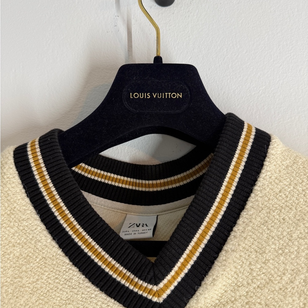 Zara Men's Cream V-Neck Sweater Vest with Navy & Gold Trim